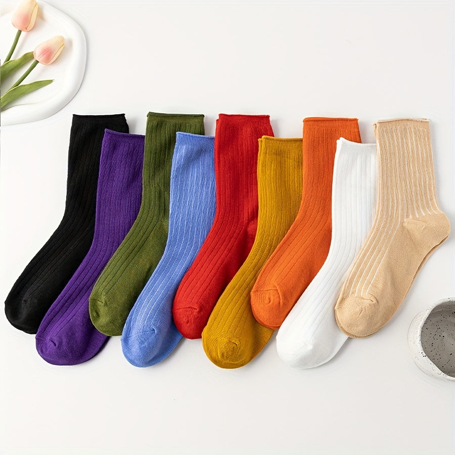 9 Pairs Women's Mid Tube Socks Breathable Solid Stockings Hosiery