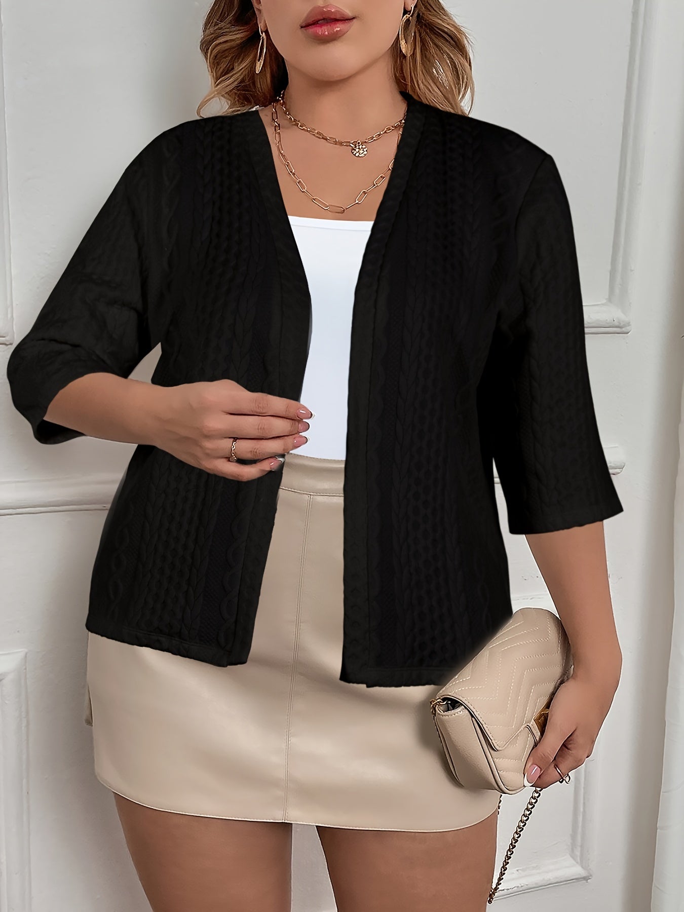 Solid Cable Half Sleeve Open Front Cardigan