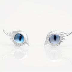 Cat Eye Stud Earrings w/ Feather 2pcs Pair