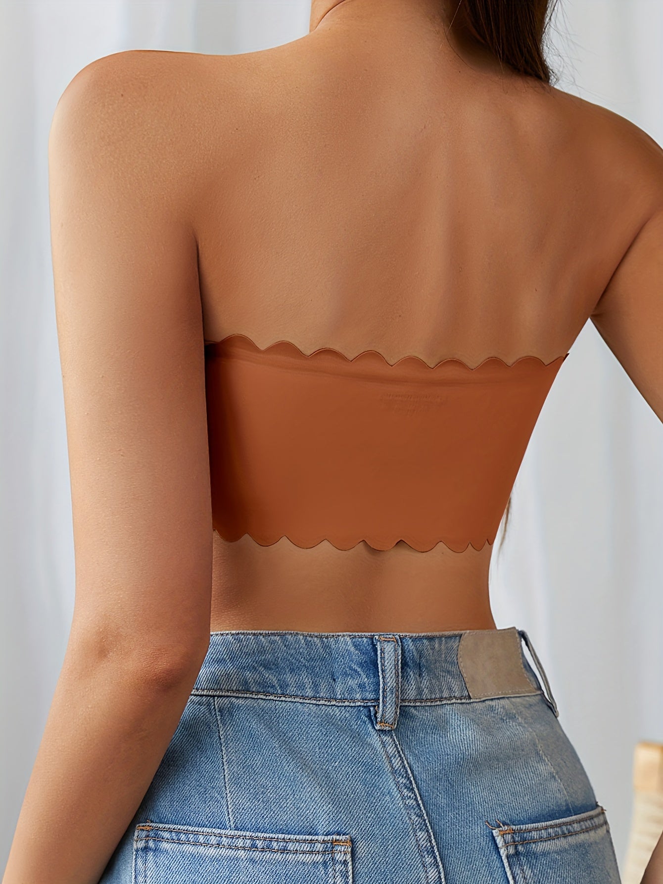 Scallop Trim Bandeau Bra Seamless Comfortable Strapless Stretch Bra