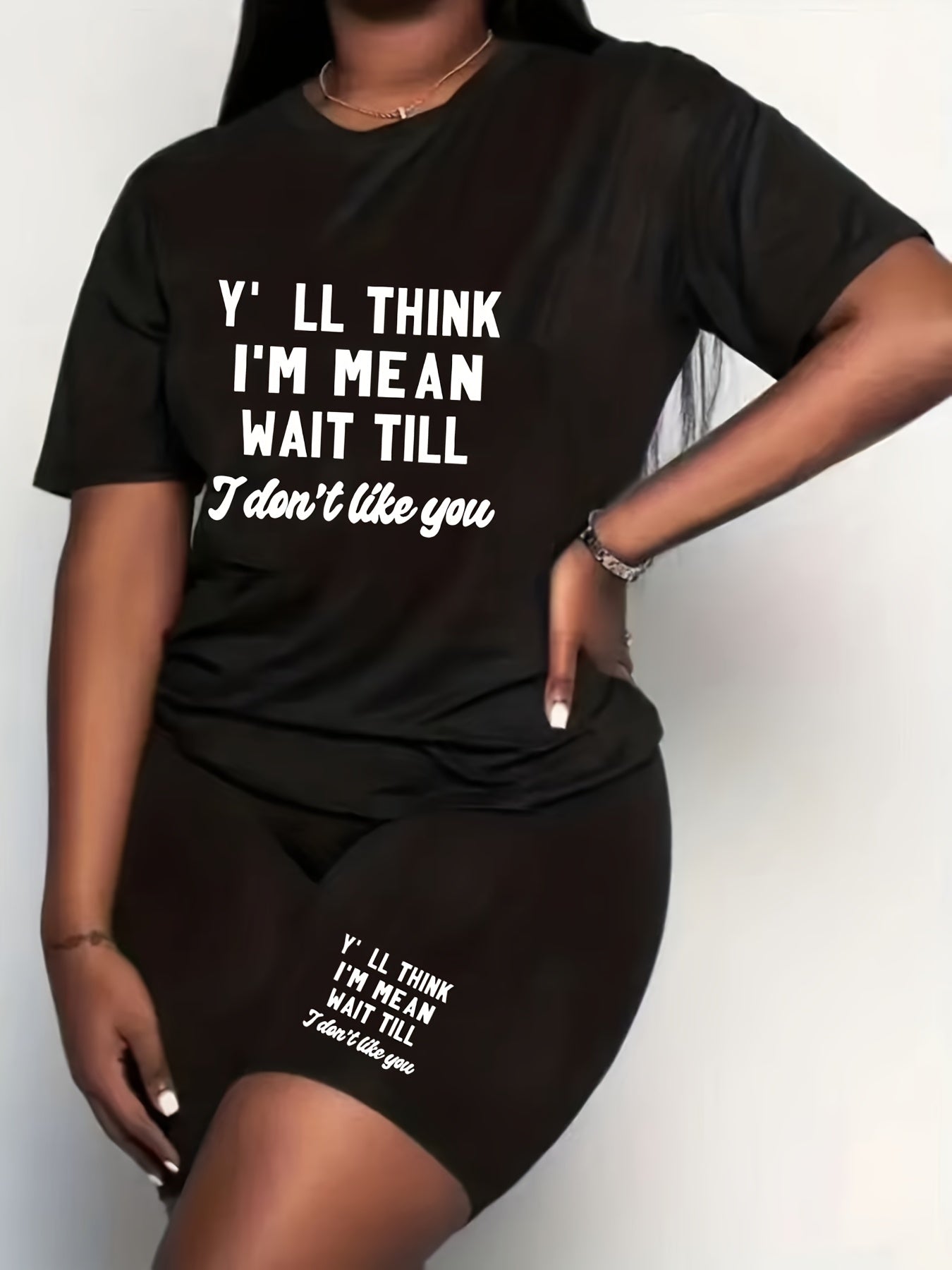 Women's Plus Slogan Print Top & Shorts Set