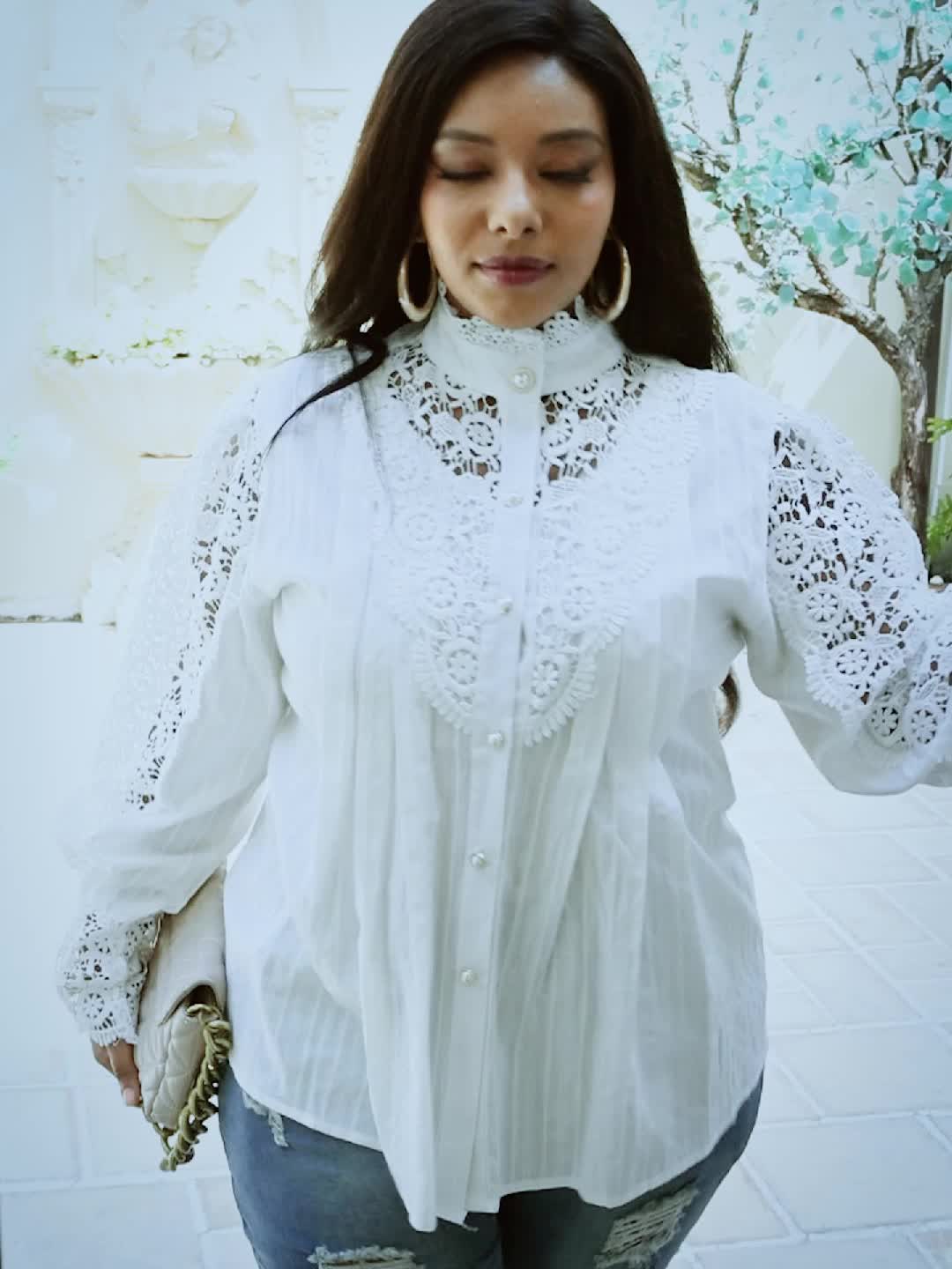  Lace Lantern Sleeve Mock Neck Shirt