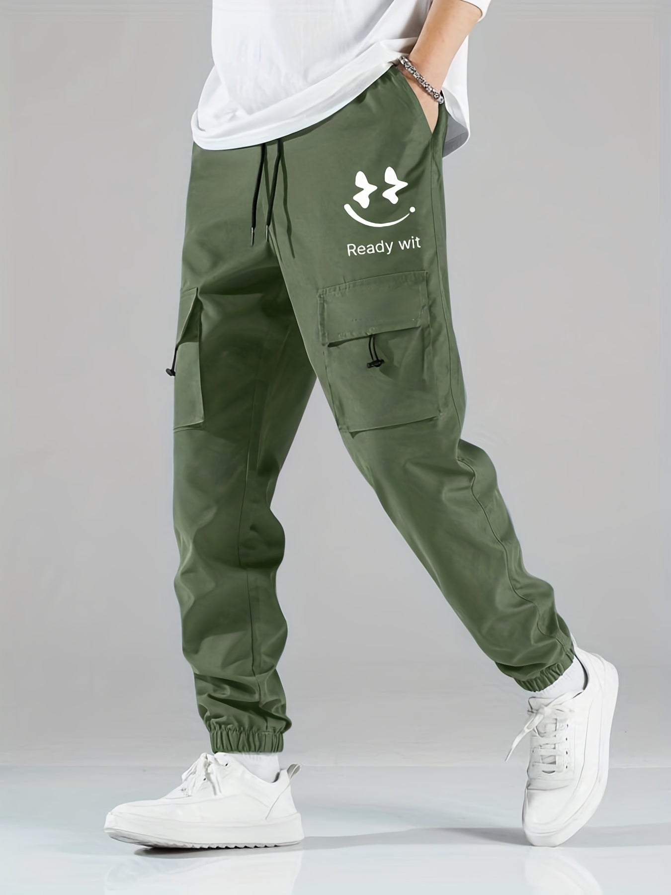 Smile Print Cargo Pants Men s Flap Pocket Trousers Loose Casual Outdoor Pants