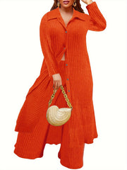  Ribbed Button Up Long Sleeve Polo Neck Blouse & Pants Set