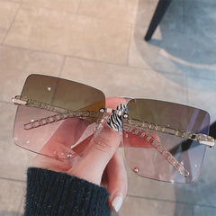 Oversized Metal Chain Rimless Sunglasses UV400