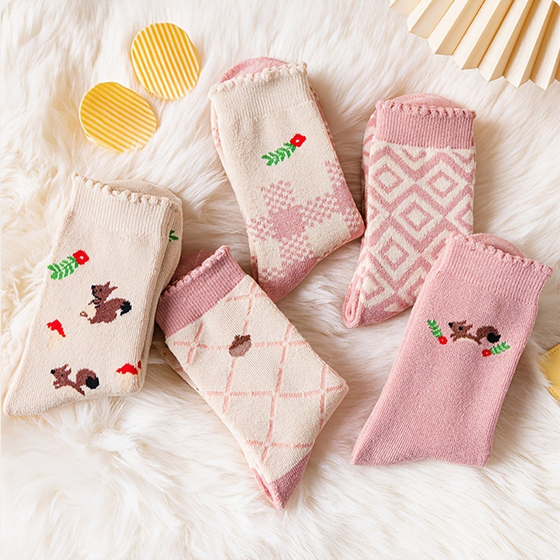 5 Pairs Cartoon Print Socks Cute & Comfy Mid Tube Stockings Women's Hosiery