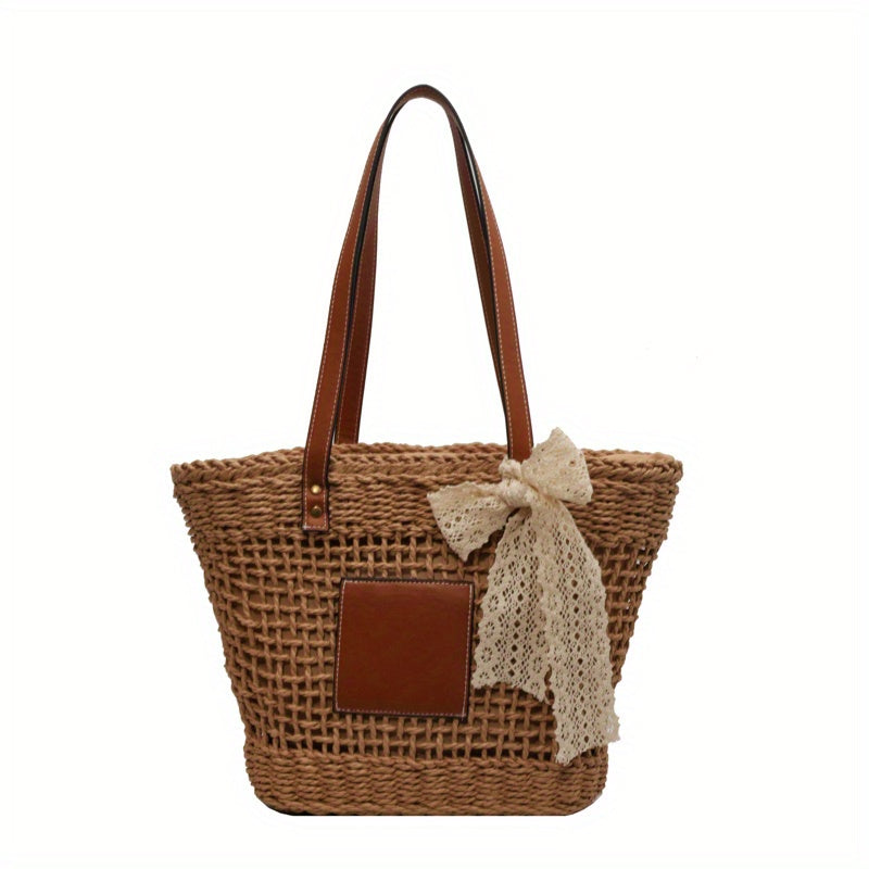 Straw Summer Beach Bag Woven Tote Scarf Decor Shoulder Bag