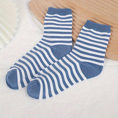 5 Pairs Plaid & Striped Print Socks Breathable Women's Mid Tube Stockings