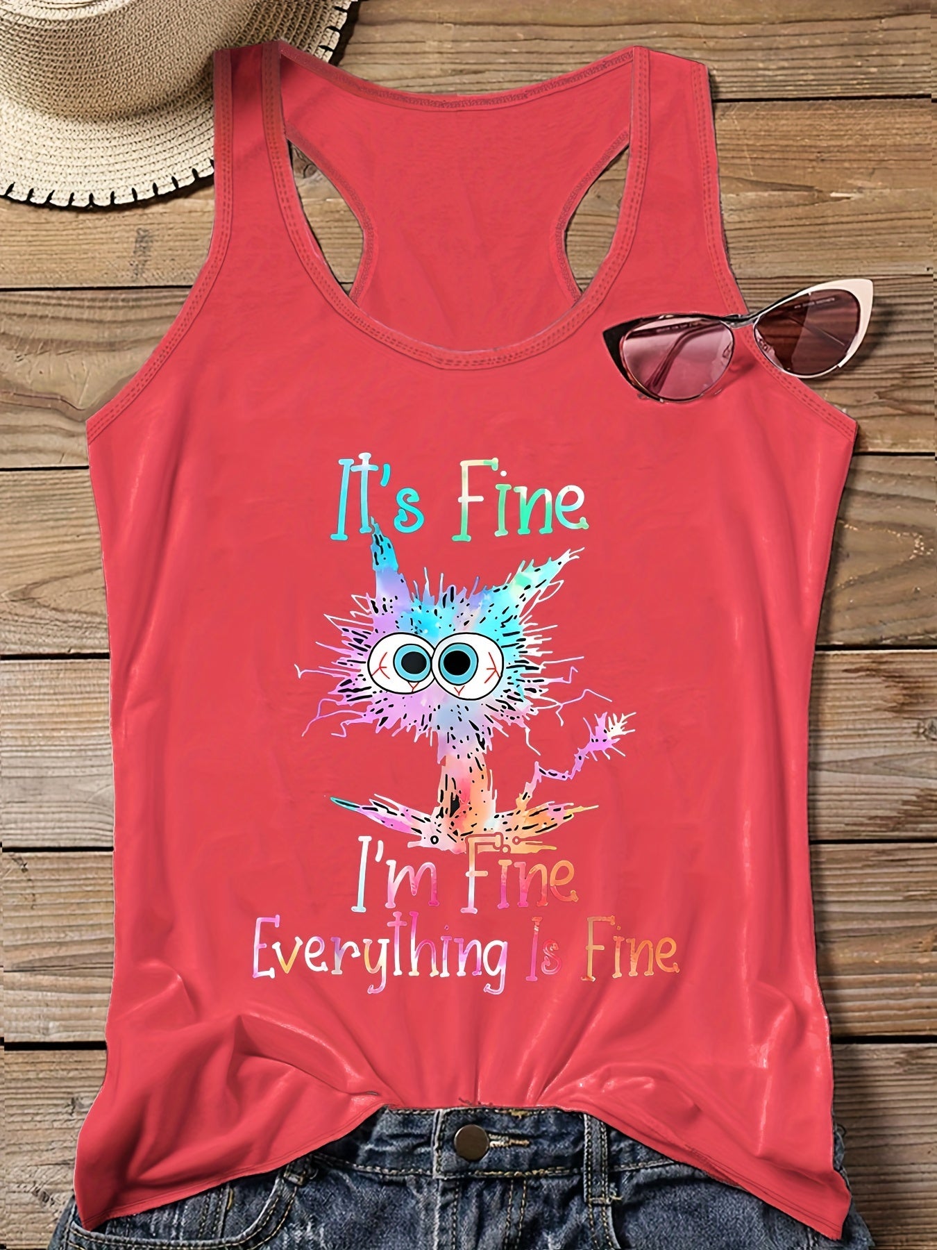 Plus Ombre Cat & Slogan Print Round Neck Vest