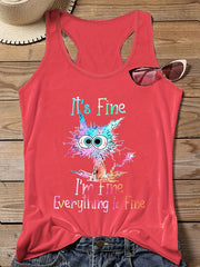 Plus Ombre Cat & Slogan Print Round Neck Vest