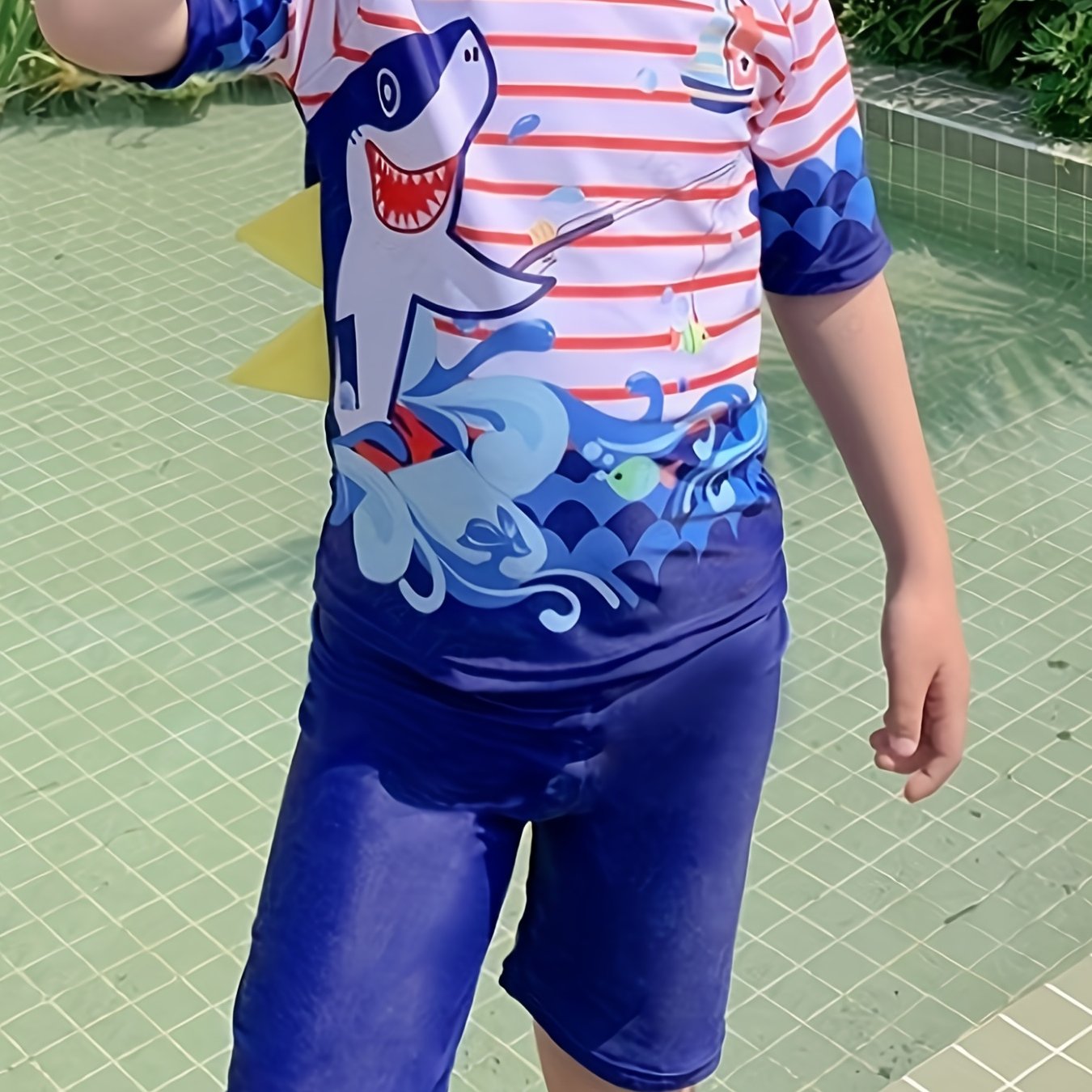2pcs Boys Teen Shark Graphic Tshirt & Shorts Swimsuit For Summer Holiday