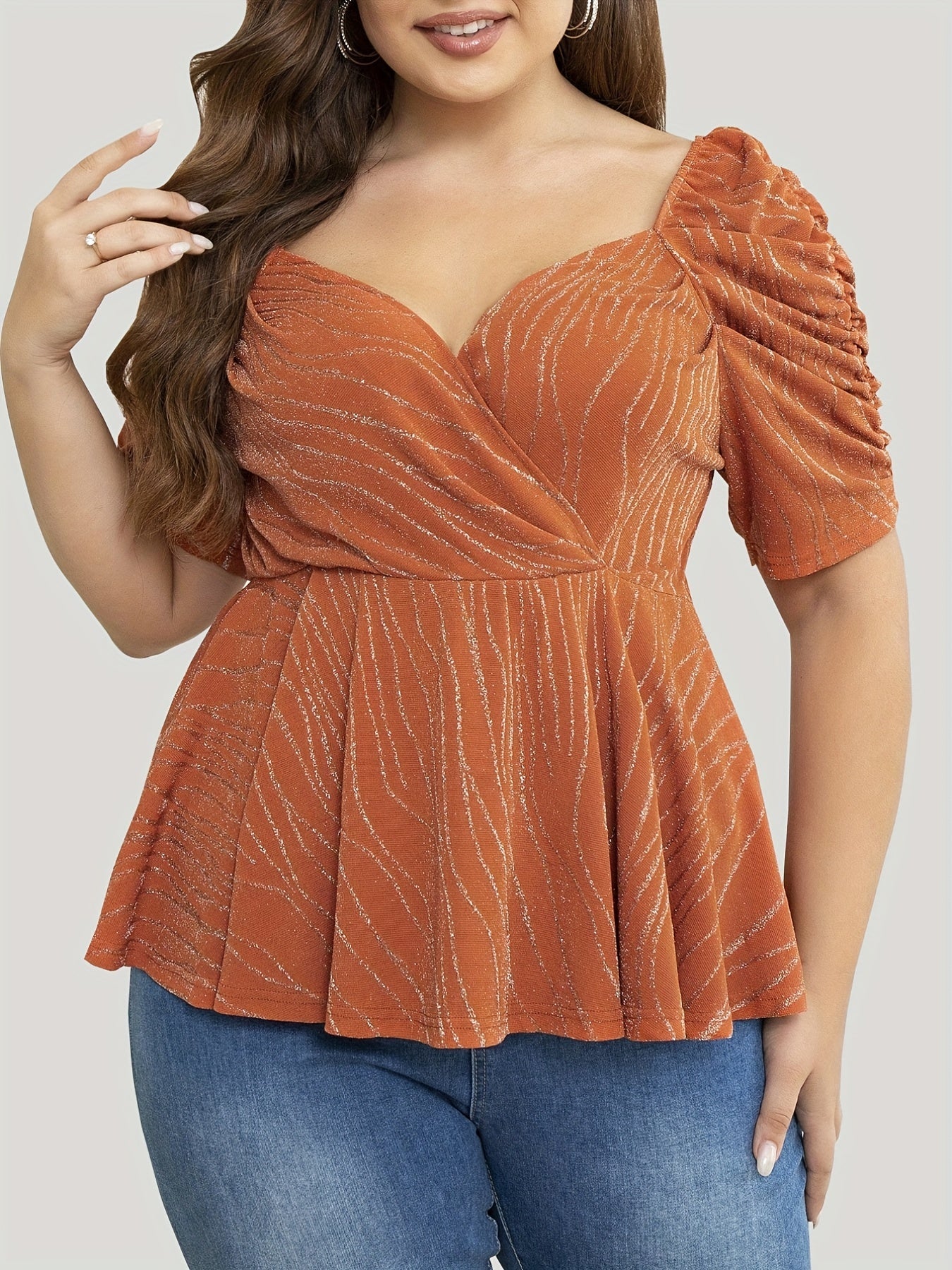 Casual Top Shinny Striped Lantern Sleeve Surplice Neck Stretch Peplum