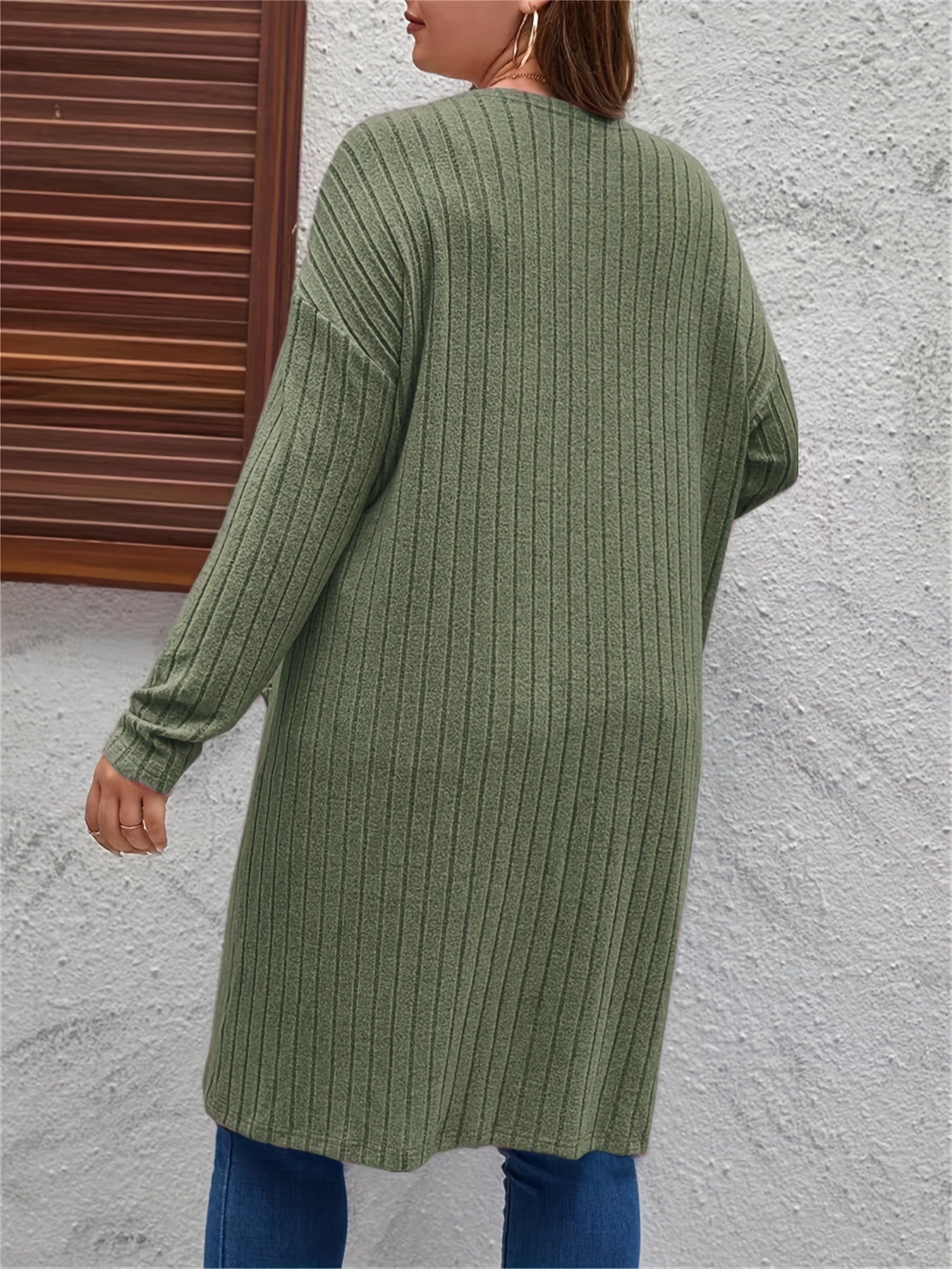  Open Front Ribbed Knit Cardigan with Pockets