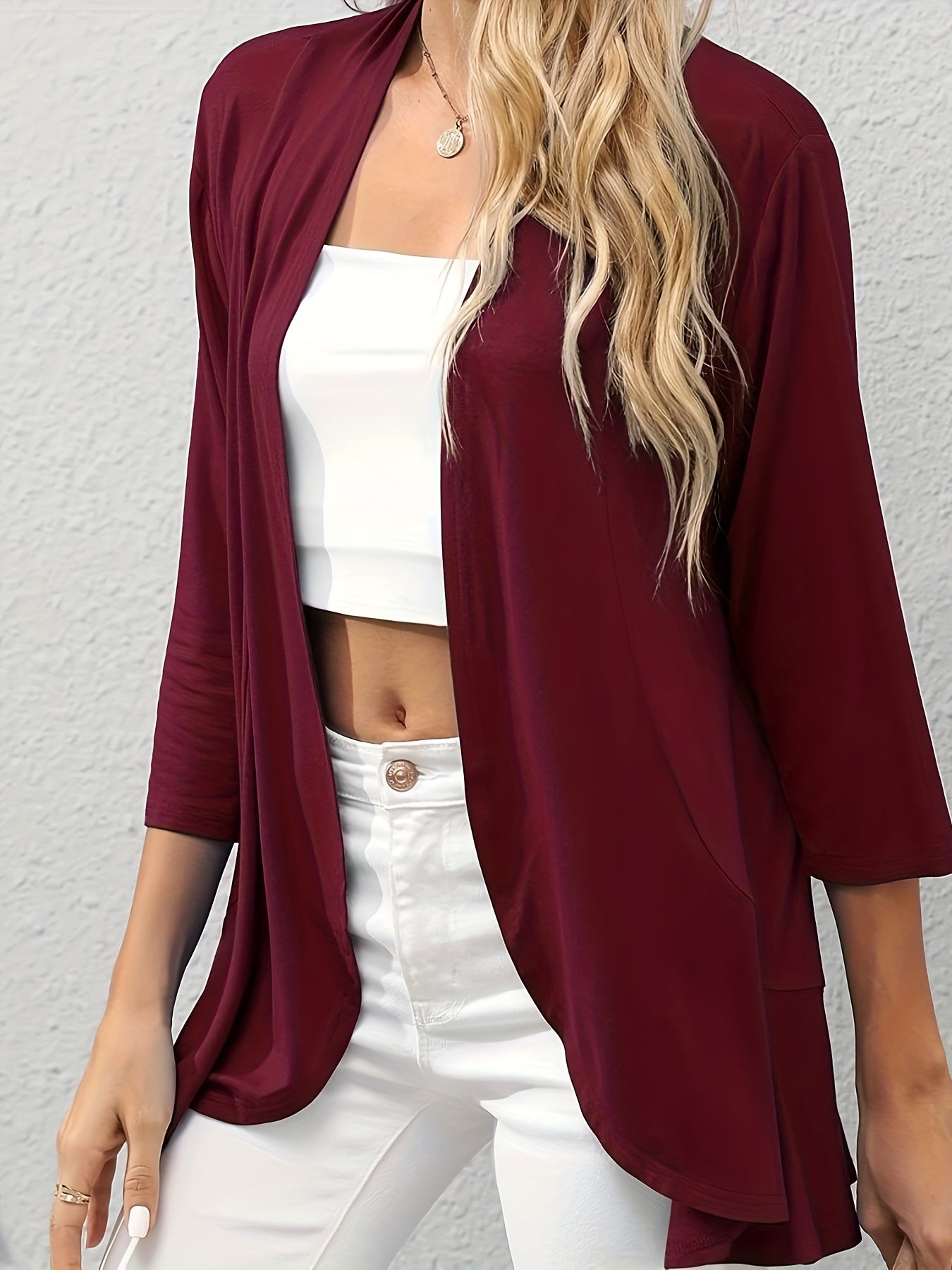  Solid Open Front Half Sleeve Cardigan