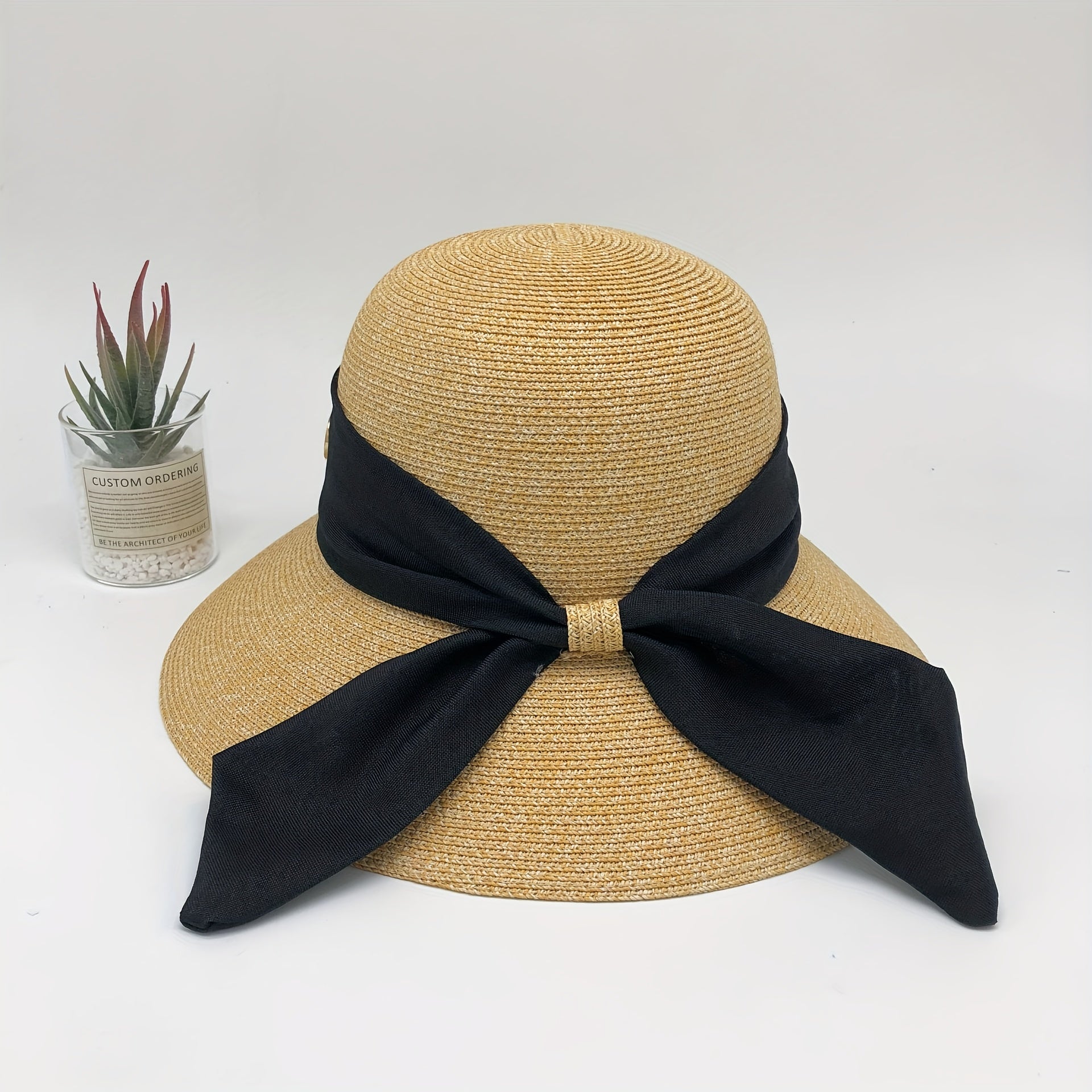 Ribbon Bow Decor Sun Hat Solid Curved Brim Straw Hat Jazz Fedora