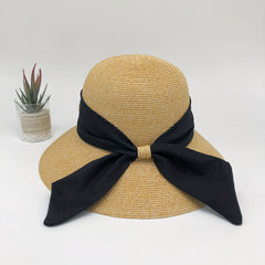 Ribbon Bow Decor Sun Hat Solid Curved Brim Straw Hat Jazz Fedora