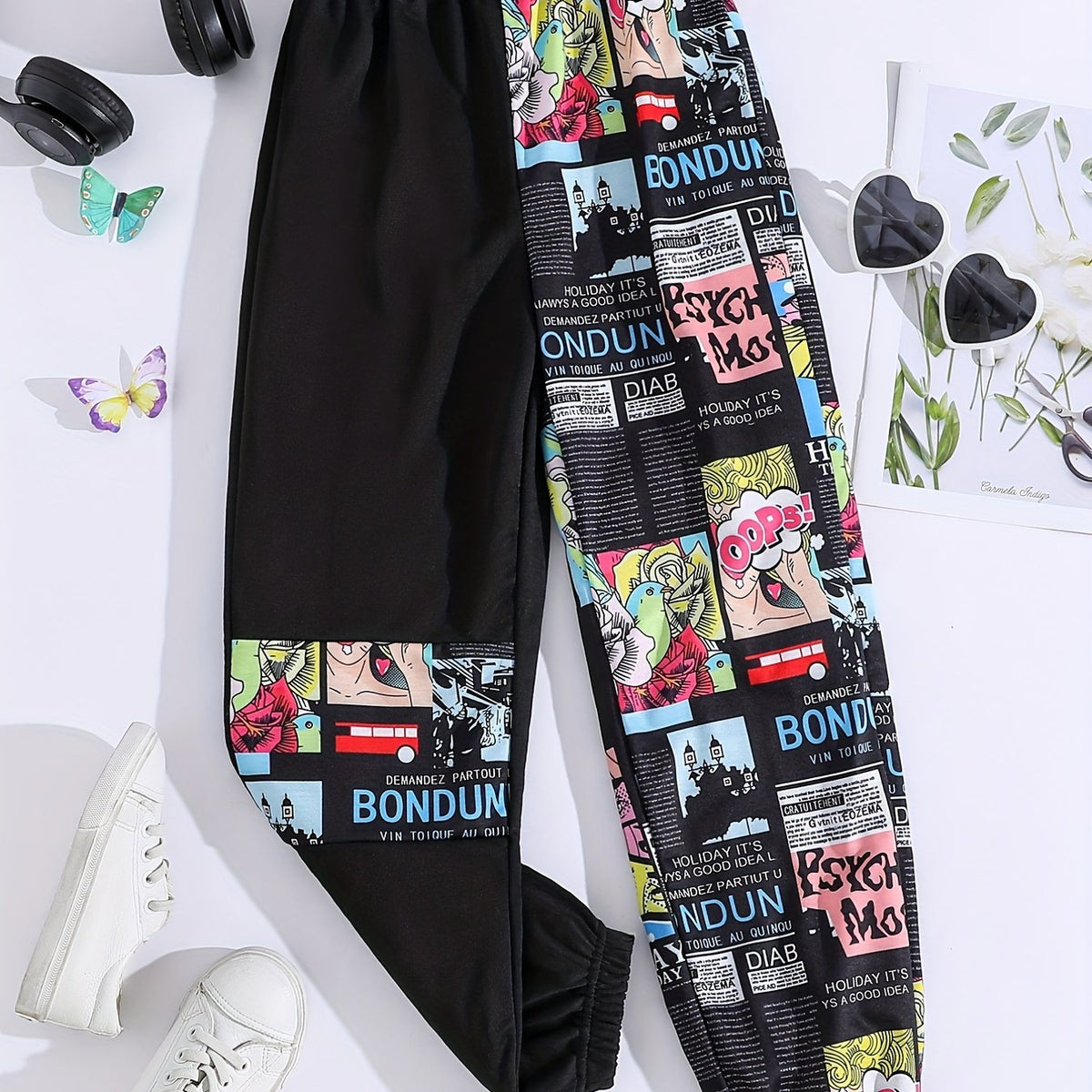 Girls Cartoon Anime Patchwork Sweatpants Elastic Waist Sport Jogger Pants