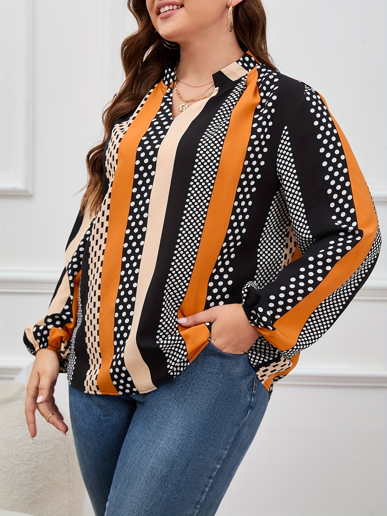  Dot Print Lantern Sleeve V Neck Blouse