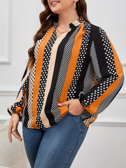  Dot Print Lantern Sleeve V Neck Blouse