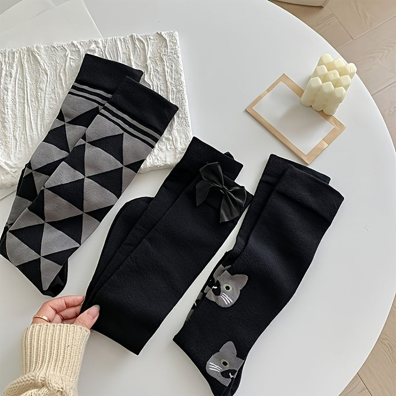 3 Pairs Cat & Argyle Calf Socks Bow Knee High Socks Women's Stockings