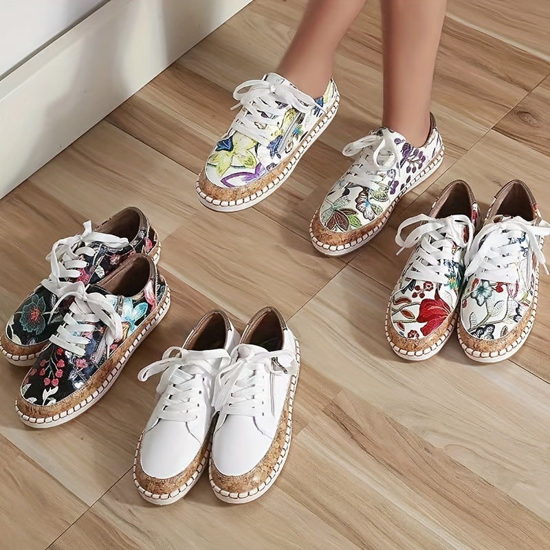 Floral Print Flat Sneakers Lace Up Low Top PU Leather Walking Shoes