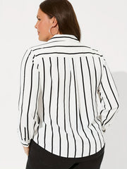  Stripe Print Button Up Long Sleeve Blouse