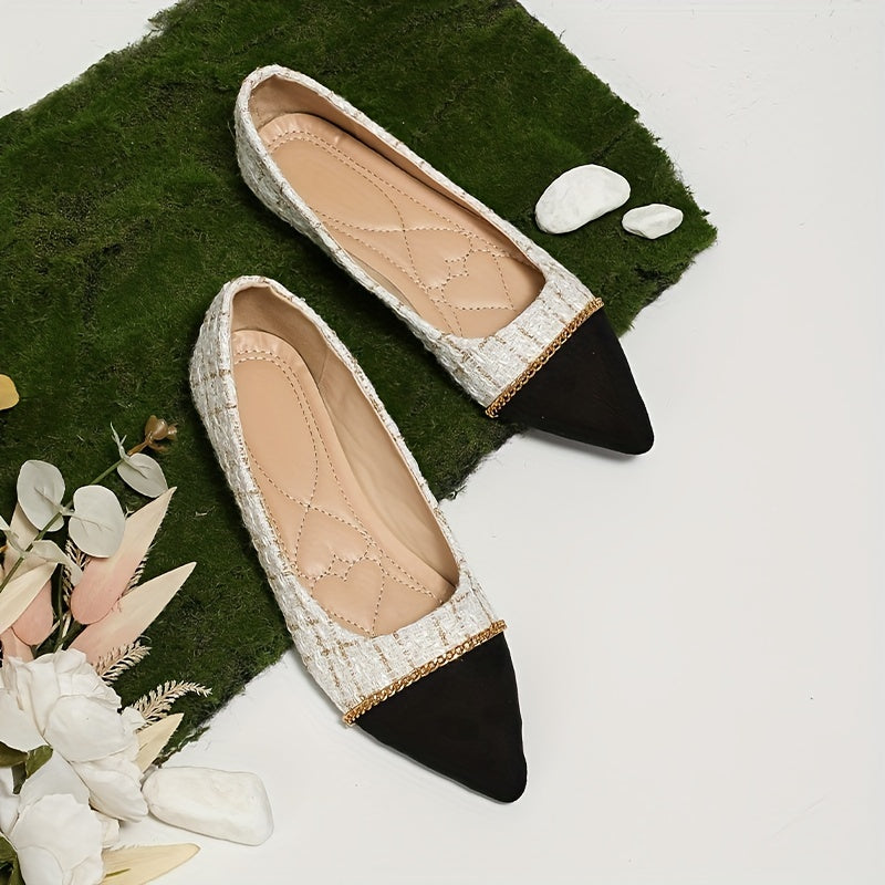 Women's Pointed Toe Flat Shoes Cap Toe Tweed Slip On Soft Sole Office Work Flats
