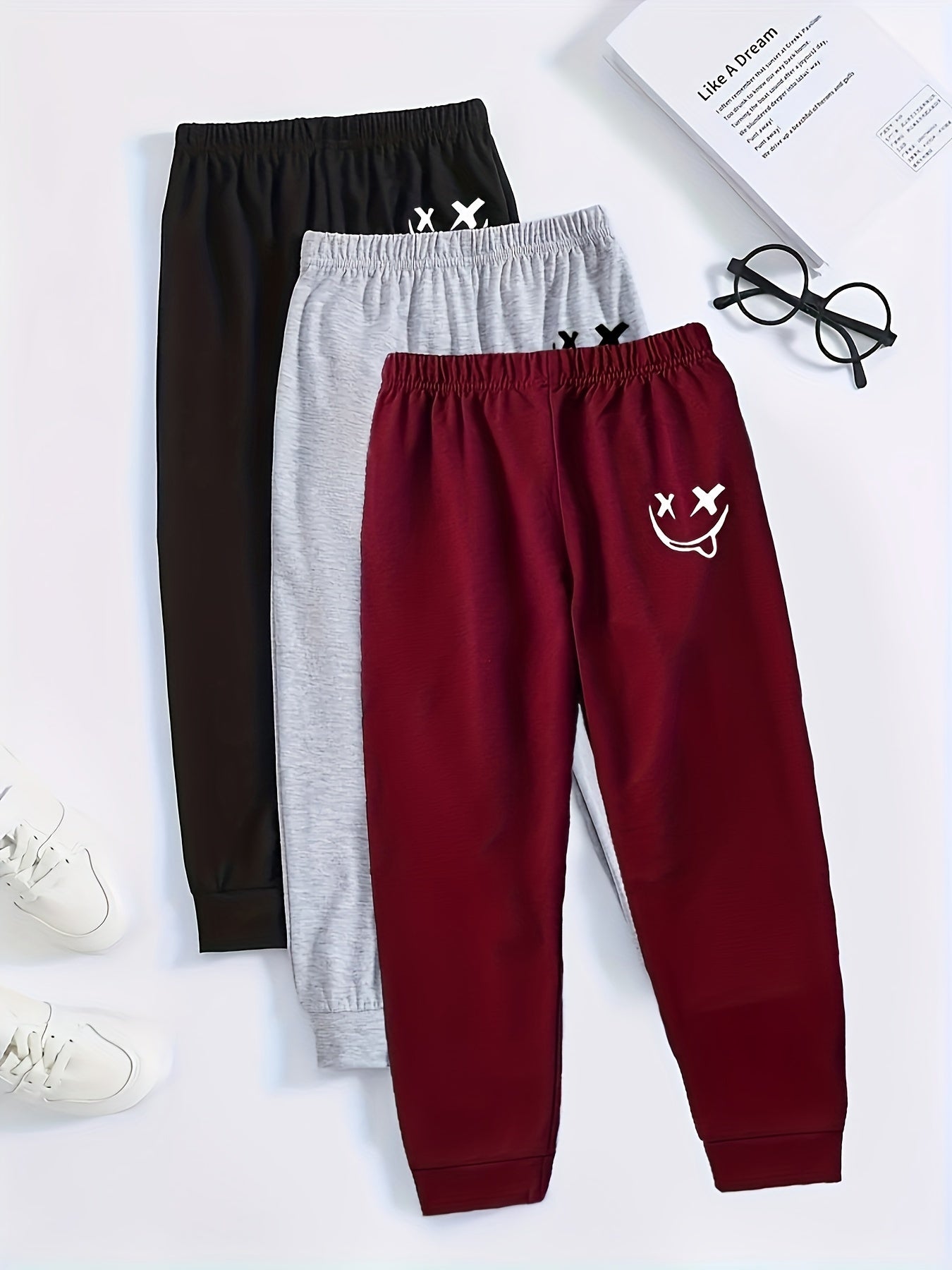 3pcs Boys Smiling Print Active Sweatpants Comfortable Jogger Pants