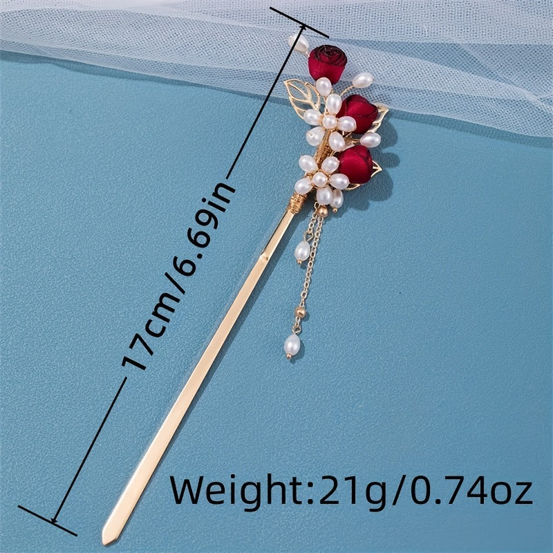 Faux Pearl Flower Hairpin Rose Hair Stick Ponytail Holder Hair Accessories
