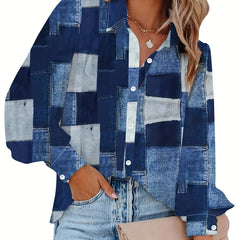 Colorblock Denim Print Button-Up Shirt