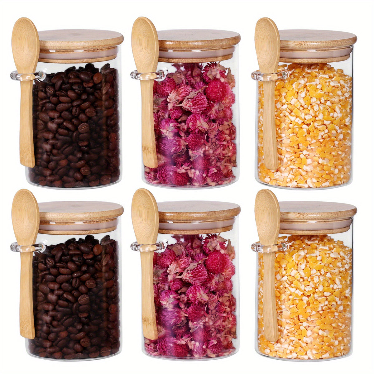 6pcs Glass Jars Bamboo Lids 17 OZ Small Container Spoon Coffee Tea Loose Tea Bar