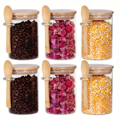 6pcs Glass Jars Bamboo Lids 17 OZ Small Container Spoon Coffee Tea Loose Tea Bar