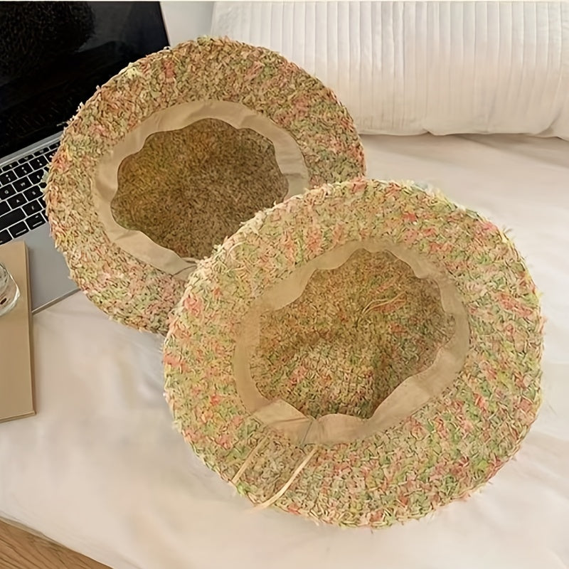 Colorful Straw Bucket Hat Boho Crochet Sunshade Cloche Hats