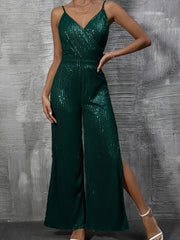 Sparkly Wide Leg Jumpsuit Sexy Backless Split Straps
