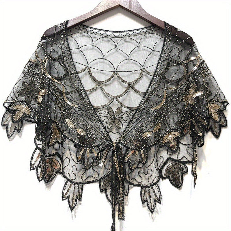 Vintage Sparkly Shawl Wraps Beaded Sequin Boho Evening Cape Mesh