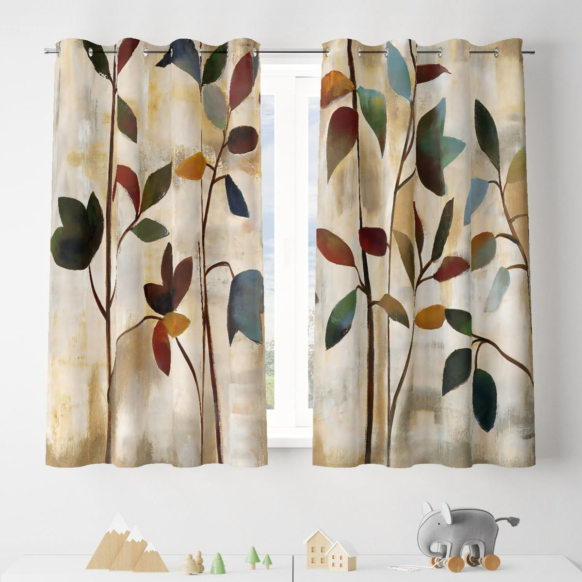 2pcs Hand Painted Leaves Pattern Curtains
