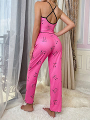 Smiling Print Pajama Set Criss Cross Back Cami Top & Pants