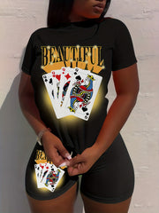  Poker & Letter Print Tee & Biker Shorts Set