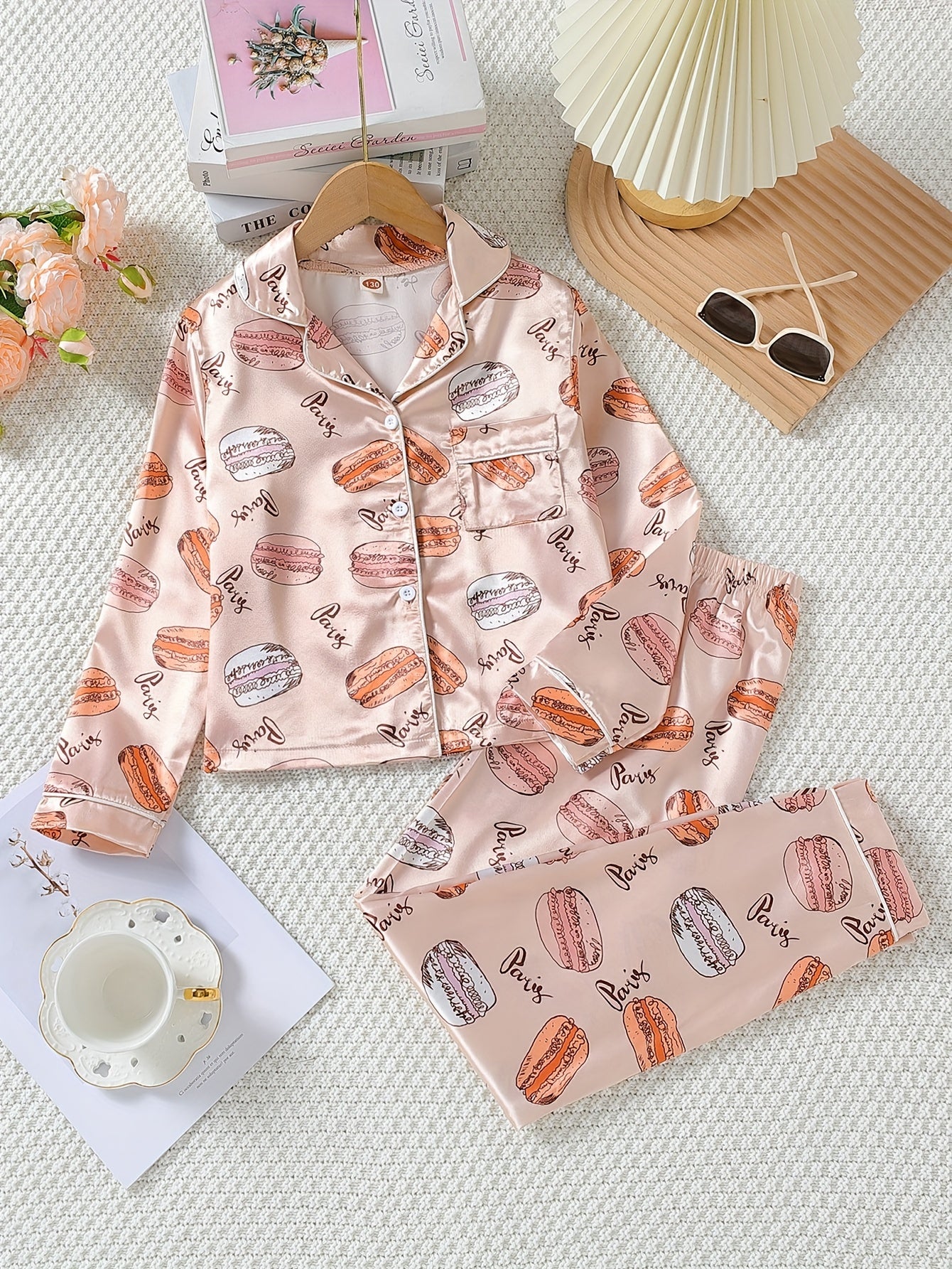 Girl's 3pcs Heart Print Pajama Set Long Sleeve Top Camisole Pants