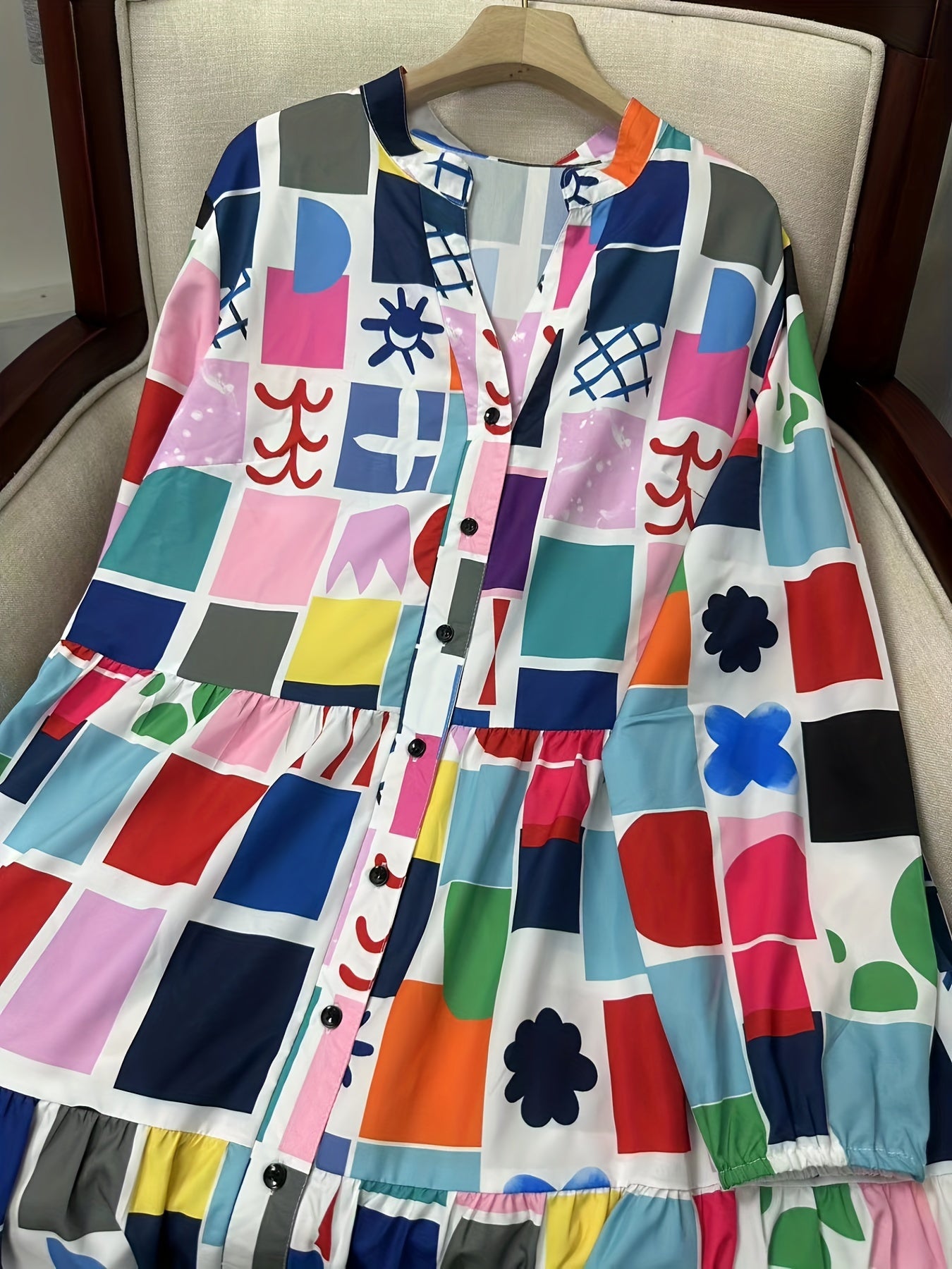  Geometric Print Long Sleeve Babydoll Dress