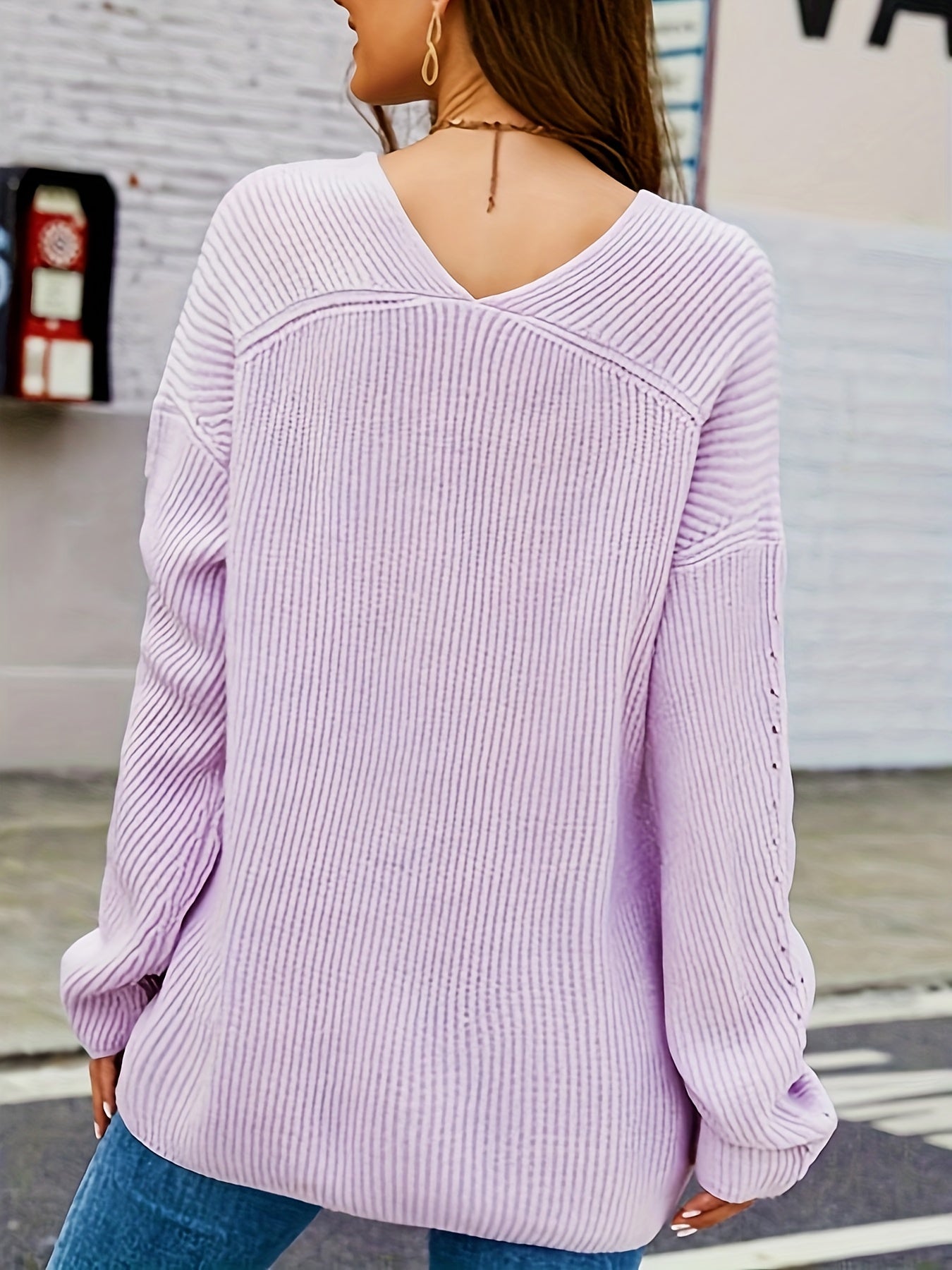  Casual Hollow Out V Neck Sweater Long Sleeve Jumper