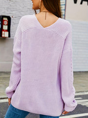  Casual Hollow Out V Neck Sweater Long Sleeve Jumper