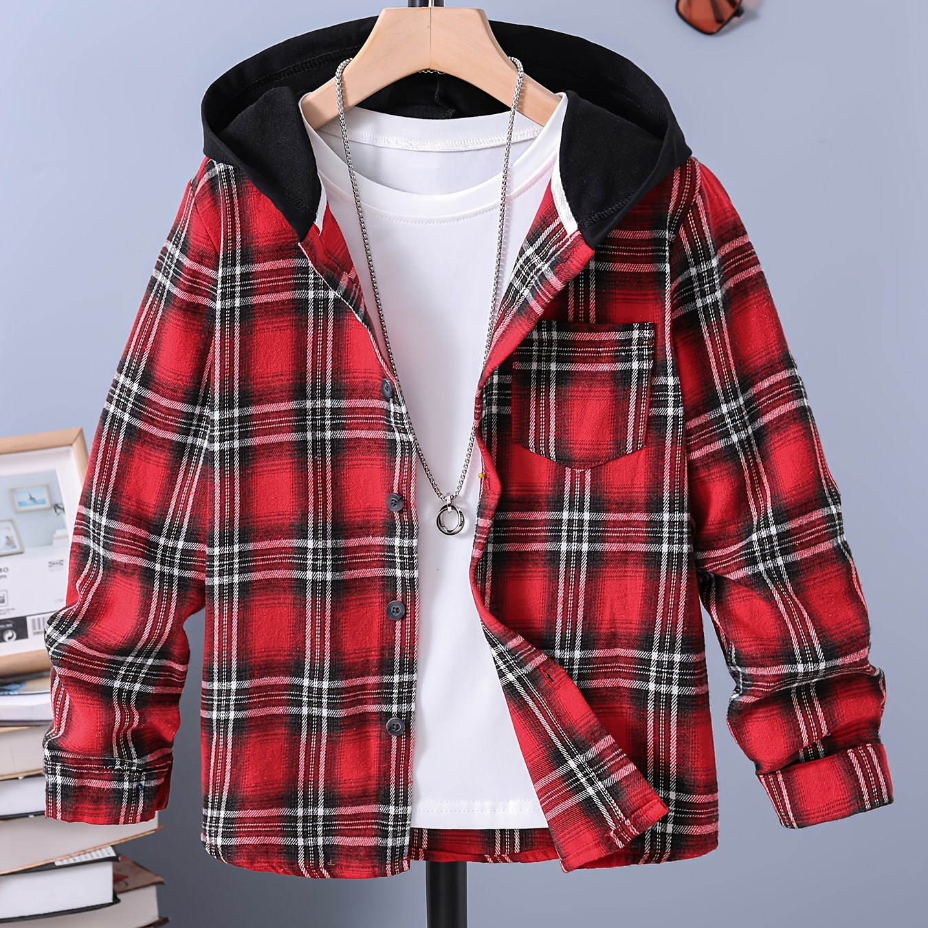 Boys Plaid Hooded Shirts Long Sleeve Button Hoodie Tops Spring Fall Outwear