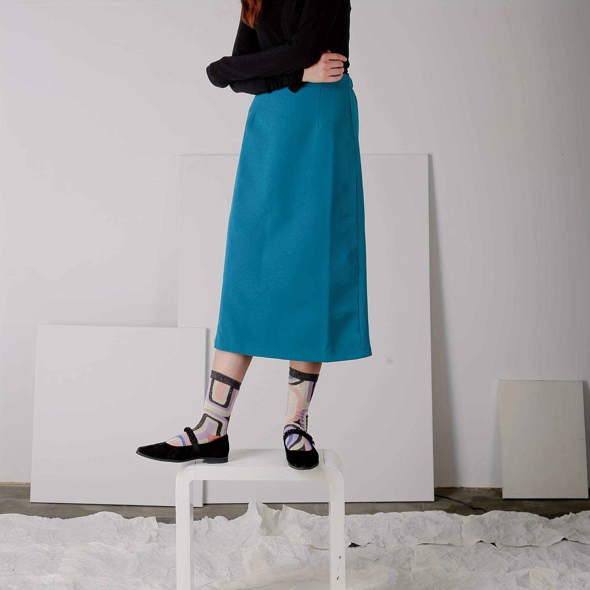 3 Pairs Geometric Pattern Crew Socks Colorblock Mid Tube Women's Stockings