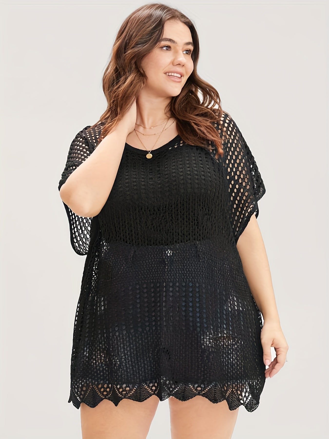 Plus Size Casual Knit Top Women's Plus Solid Hollow Out Bat Sleeve