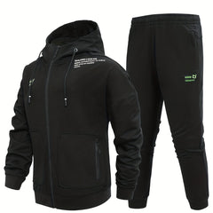 Men's Comfy Hooded Jacket & Stretch Pants Set for Outdoor Zipper Pocket