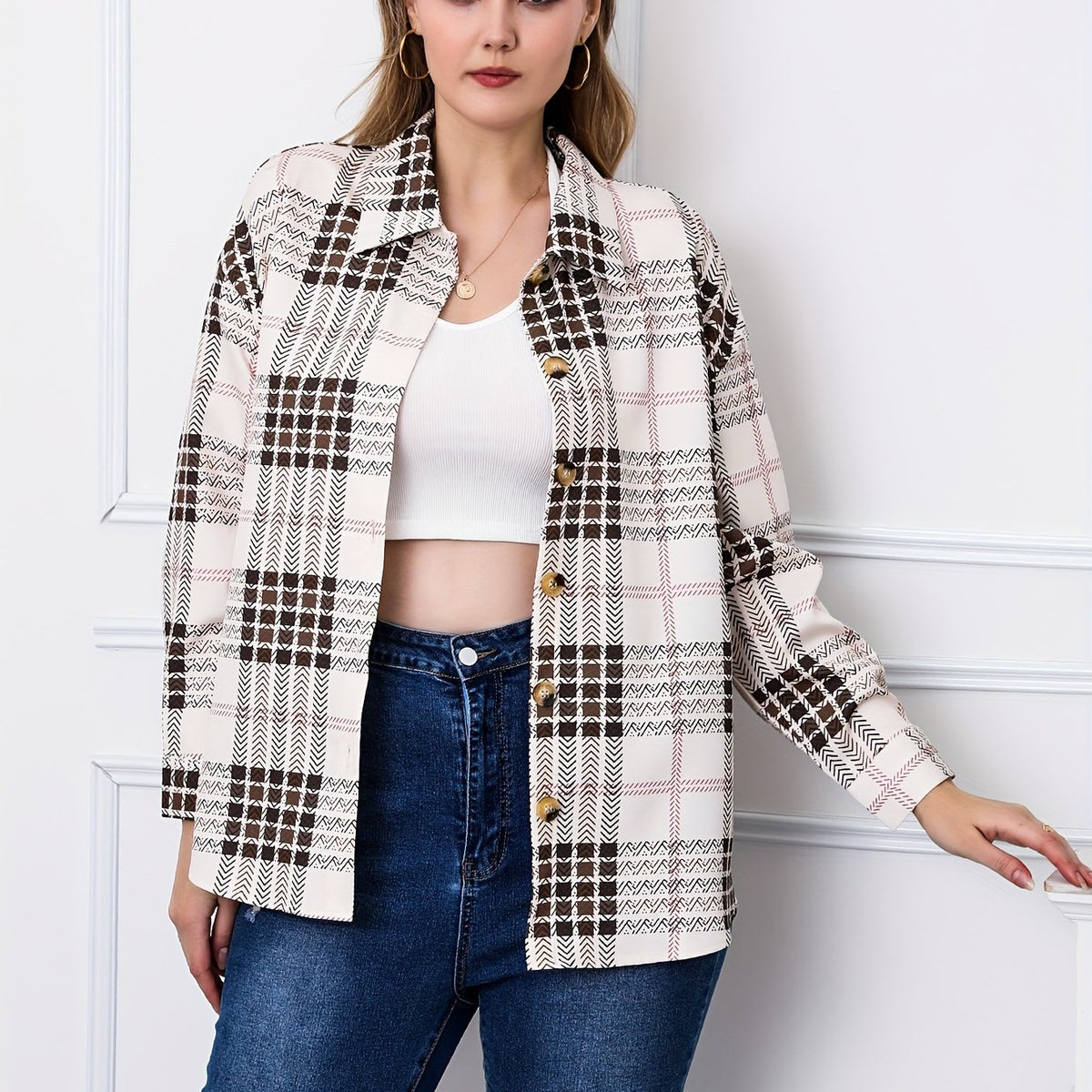  Casual Blouse Women's Plus Plaid Print Button Up Long Sleeve