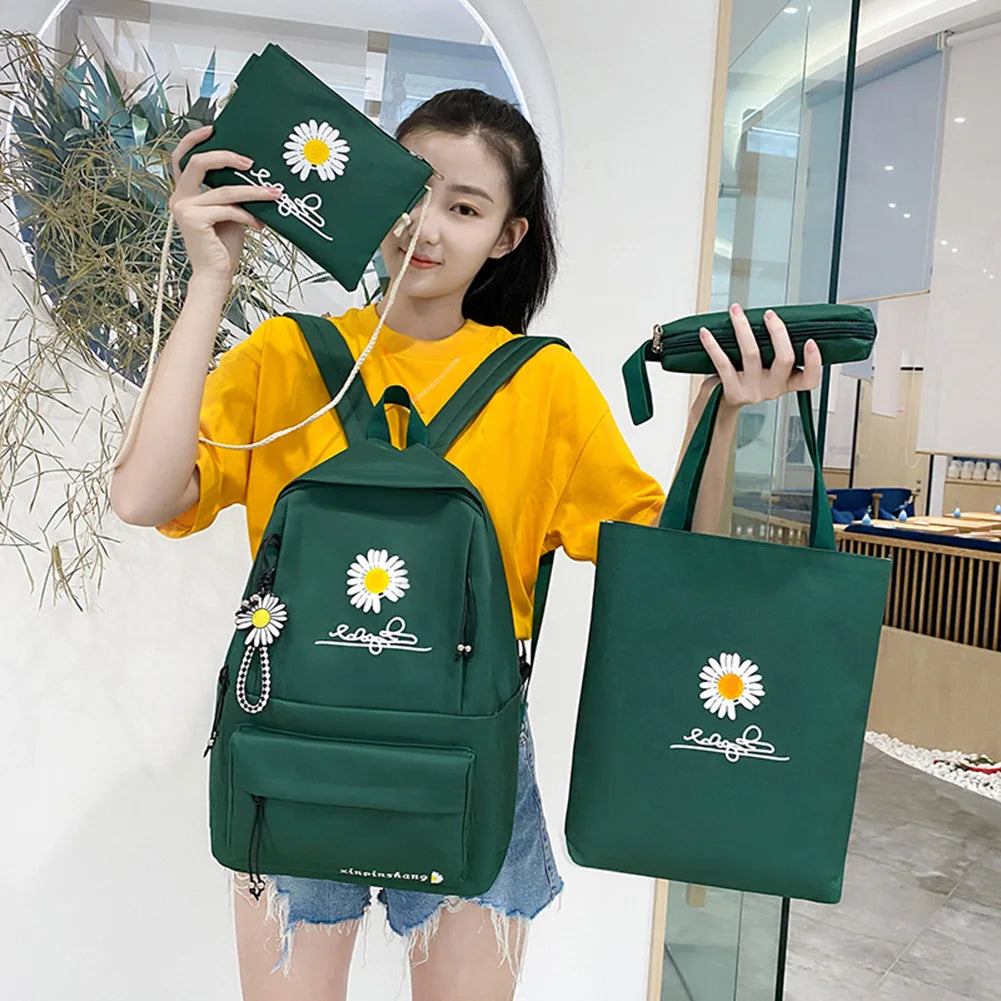 4pcs/Set Daisy Print Backpacks Canvas Rucksack Female School Backpack