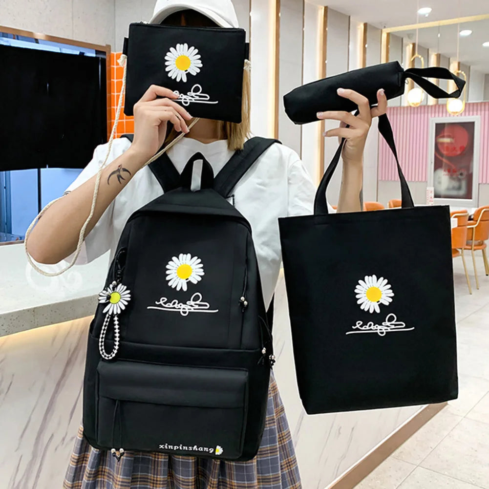 4pcs/Set Daisy Print Backpacks Canvas Rucksack Female School Backpack
