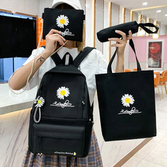 4pcs/Set Daisy Print Backpacks Canvas Rucksack Female School Backpack